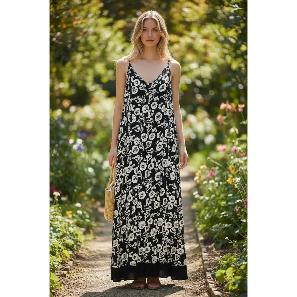 Mob Women's Maxi Dress Black and White Sleeveless V Neck Shoulder Straps Sz L